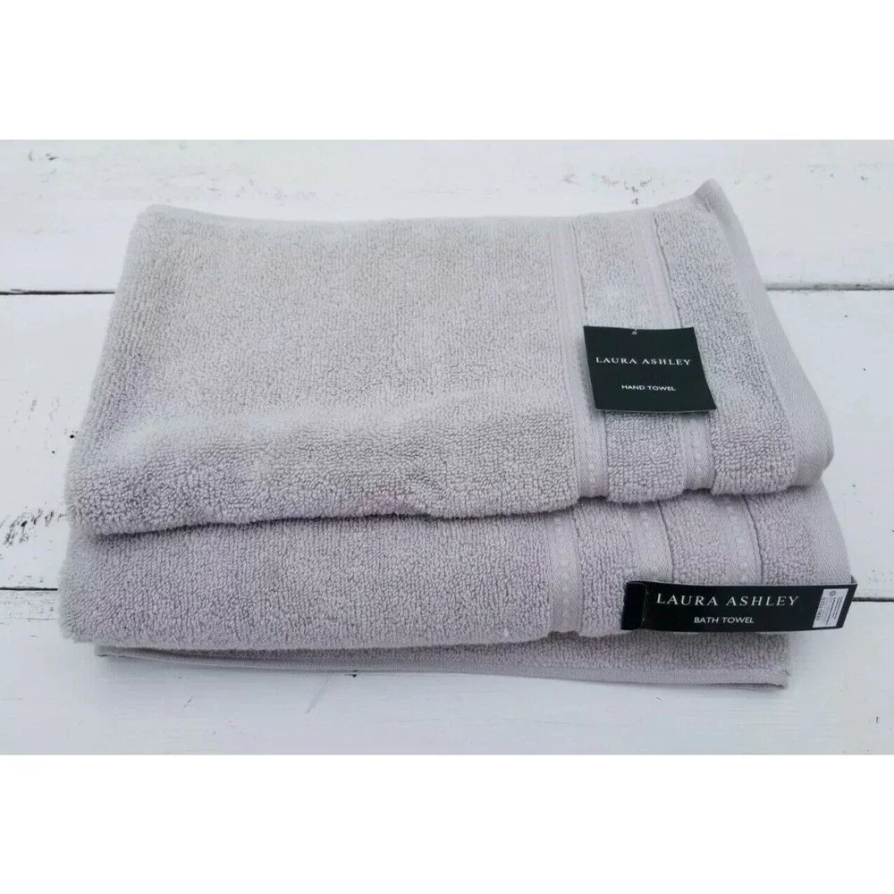 Laura Ashley 2 Pc GRAY 100% Cotton Bath Towel + Hand Towel SET NEW